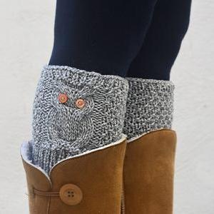 Owl Boot Cuffs, Gray Boot Toppers, Knit Boot Cuff..