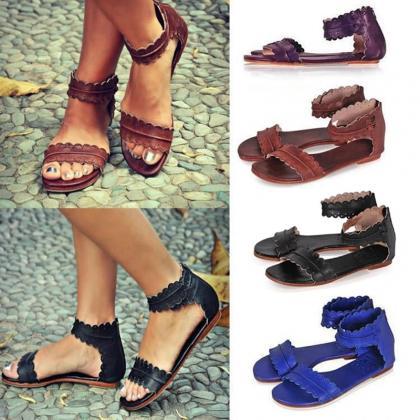 Retro Women Sandals Pu Leather Zipper Flat Sandals..