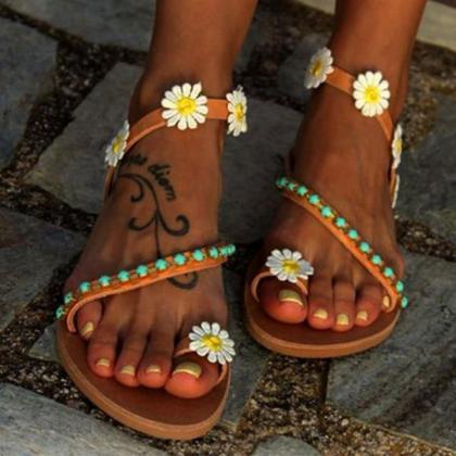 Women Flats Flower Sandals Summer Beach Sandals..