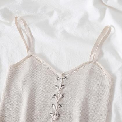Drawstring Crop Top Female Camis V-neck Vest White..