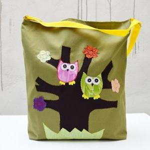 Canvas Tote Bag With Applique Owls. Green Bag...