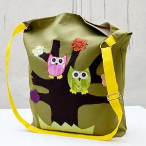 Canvas Tote Bag With Applique Owls. Green Bag...