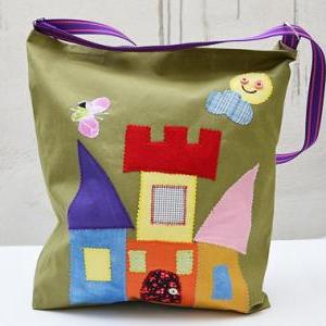 Canvas Tote Bag With Applique Castle. Green Bag...