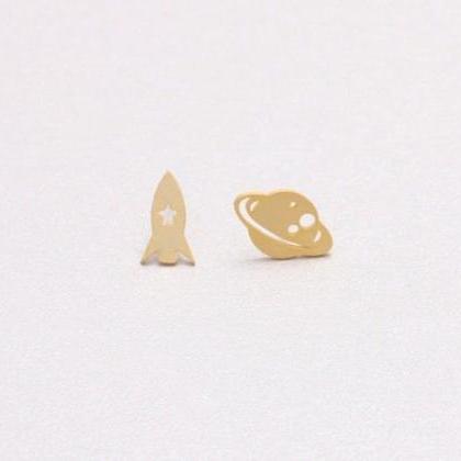 Planet And Rocket Earrings, Galaxy Studs, Space..