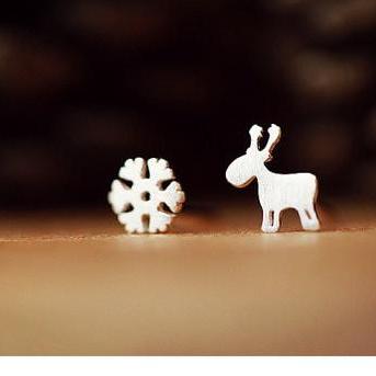 Reindeer And Snowflake Earrings, Deer Stud..