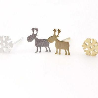 Reindeer And Snowflake Earrings, Deer Stud..