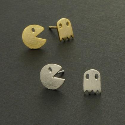 Pacman And Ghost Stud Earrings, Arcade Game..