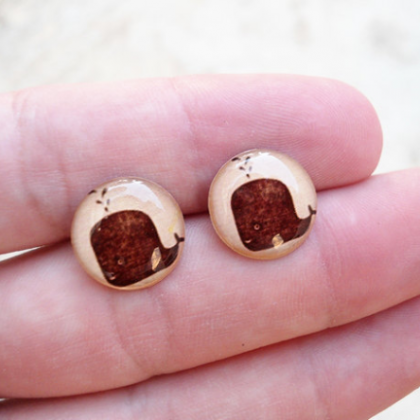 Whale Earrings,whale Studs, Animal, Brown And..