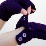 Fingerless Gloves, Knit Purple Mittens With..