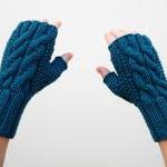 Dark Teal Mittens, Double Cable Fingerless Gloves,..