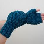 Dark Teal Mittens, Double Cable Fingerless Gloves,..