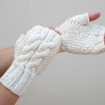 Knit Double Cable Fingerless Gloves, Beige..