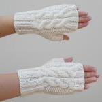 Knit Double Cable Fingerless Gloves, Beige..