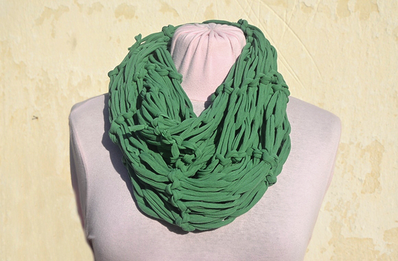 Green Dark Jersey Scarf, Loop Scarf Infinity, T Shirt Necklace. Knit Jersey Scarf.