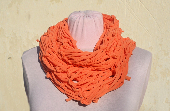Orange Jersey Scarf, Loop Scarf Infinity, T Shirt Necklace. Knit Jersey Scarf.