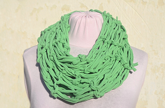 Green Jersey Scarf, Loop Scarf Infinity, T Shirt Necklace. Knit Jersey Scarf.