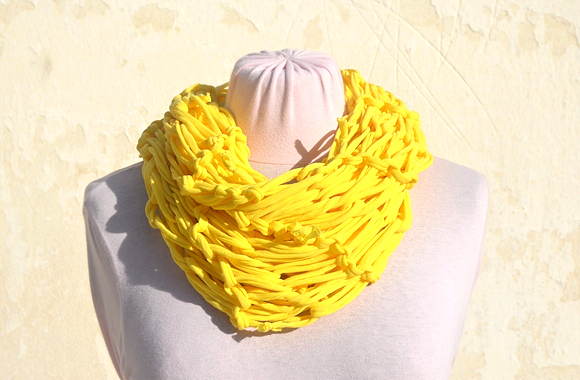 Yellow Jersey Scarf, Loop Scarf Infinity, T Shirt Necklace. Knit Jersey Scarf.