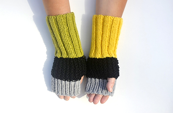 Long Fingerless Color Block Black Grey Yellow Light Olive Arm Warmers, Knit Mittens. Winter Accessories
