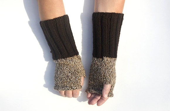 Long Fingerless Glove Beige Brown Arm Warmers, Knit Mittens. Winter Accessories