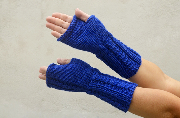 Long Mittens, Knit Fingerless Gloves, Electric Blue Arm Warmers, Winter Accessories