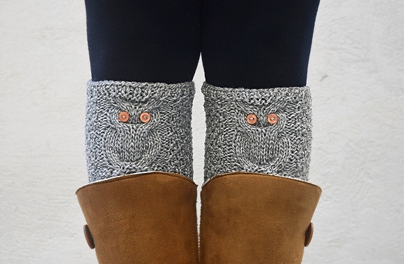 Owl Boot Cuffs, Gray Boot Toppers, Knit Boot Cuff Sock. Owls With Orange Eyers.