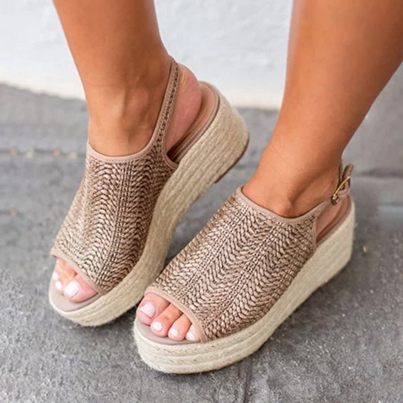 Summer Women Hemp Sandals Sewing Female Beach Shoes Heels Peep Toe Platform Shoes Hasp Sandals