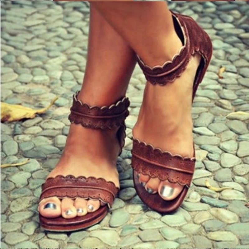 Retro Women Sandals Pu Leather Zipper Flat Sandals Plus Size Casual Shoes Beach Sandals