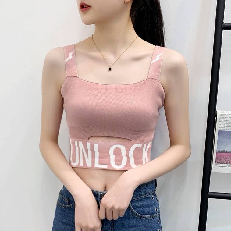 Female Camisole Knitting Camis Crop Top Letter Unlock Cotton With Hole Tank Tops