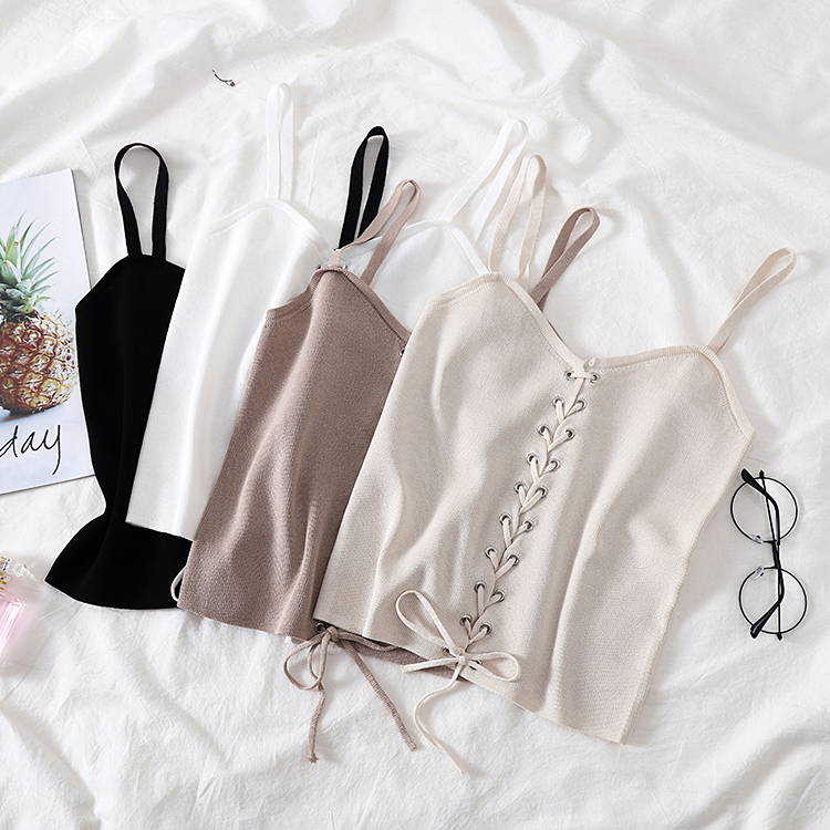 Drawstring Crop Top Female Camis V-neck Vest White Stretchy Tank Tops Femme Club Sexy Knitting ...