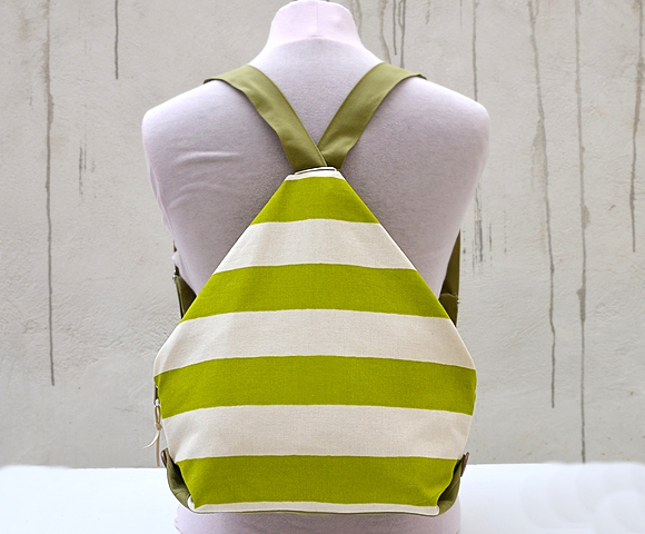 Triangle Backpack.green Beige Mini Backpack. Print Striped Fabric Rucksack. Canvas Backpack. Kids Backpack.