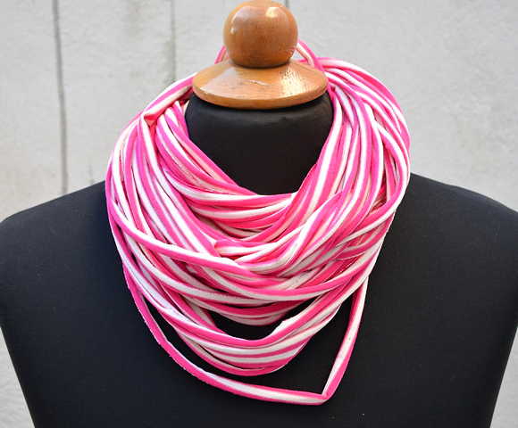 Upcycle Fuchsia White Infinity Scarf, T Shirt Tee Scarf, Jersey Scarf, Unisex Scarf. Loop Scarf Infinity. Jersey Necklace.
