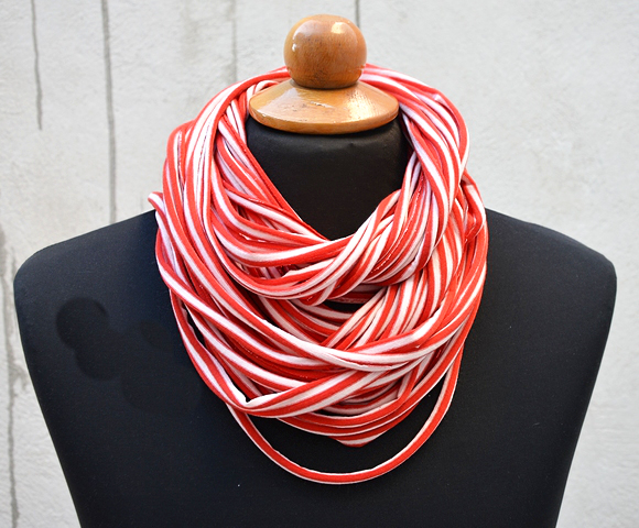 Striped Upcycle Infinity Scarf, Red White T Shirt Tee Scarf, Jersey Scarf, Unisex Scarf. Loop Scarf Infinity. Jersey Necklace.
