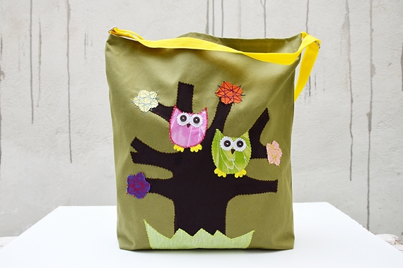 Canvas Tote Bag With Applique Owls. Green Bag. Laptop Bag. Large Bag. Book Bag. City Bag.
