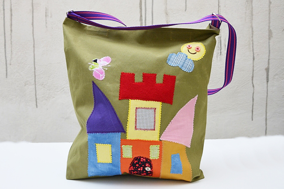 Canvas Tote Bag With Applique Castle. Green Bag. Laptop Bag. Large Bag. Book Bag. City Bag.