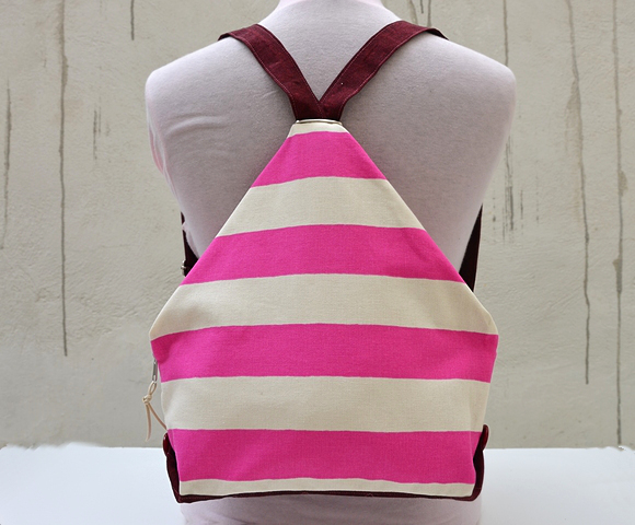 Pink Beige Mini Backpack.triangle Backpack. Print Striped Fabric Rucksack. Canvas Backpack. Kids Backpack.