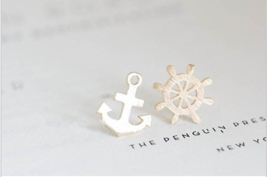 Anchor And Rudder Earrings, Nautical Jewelry, Navy Studs