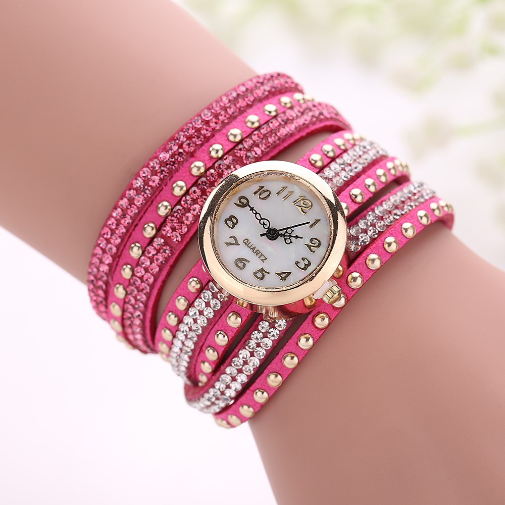 Fashion Rivet Crystal Leather Bracelet Women Wrist Watch Valentine Gift Fucsia