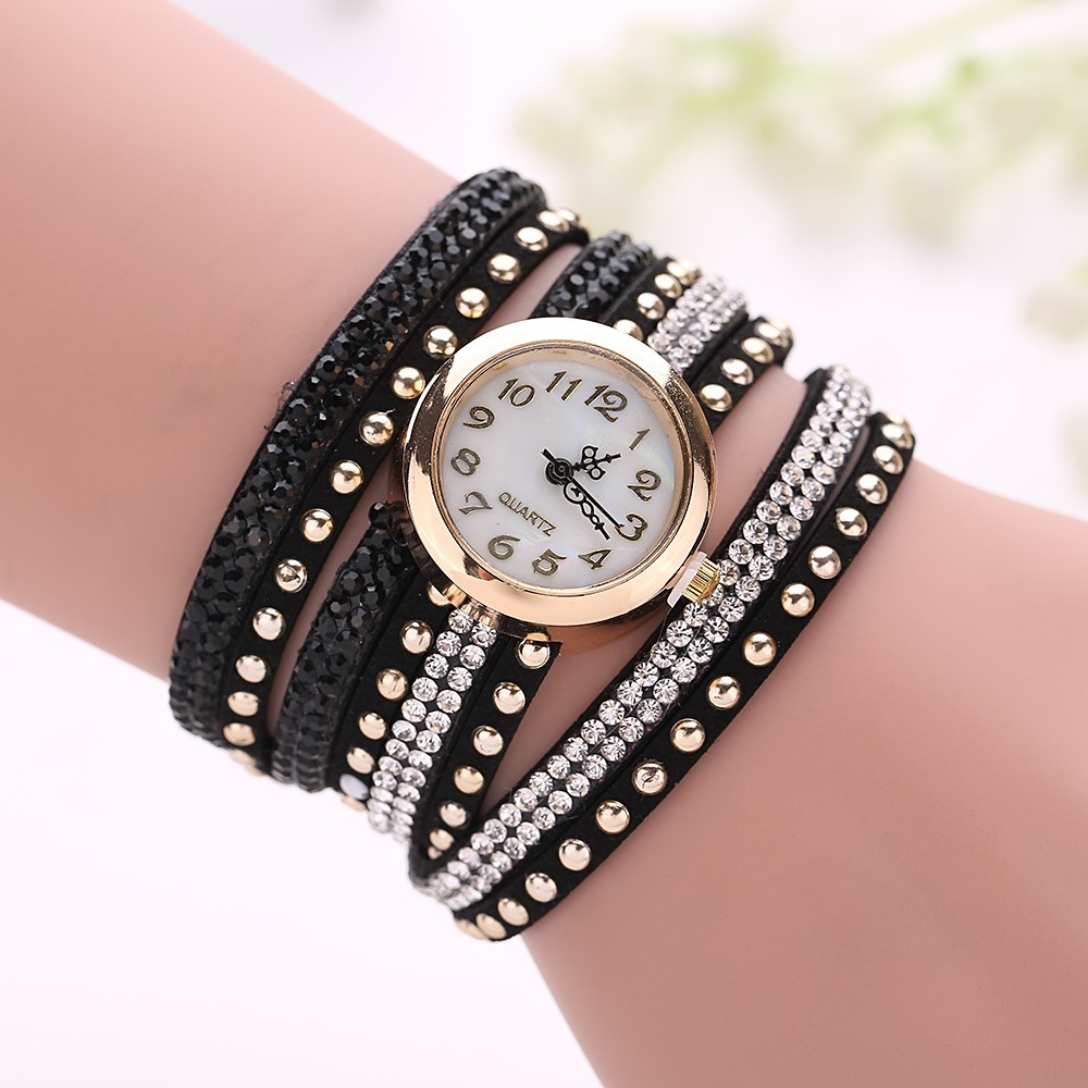 Fashion Rivet Crystal Leather Bracelet Women Wrist Watch Valentine Gift Black
