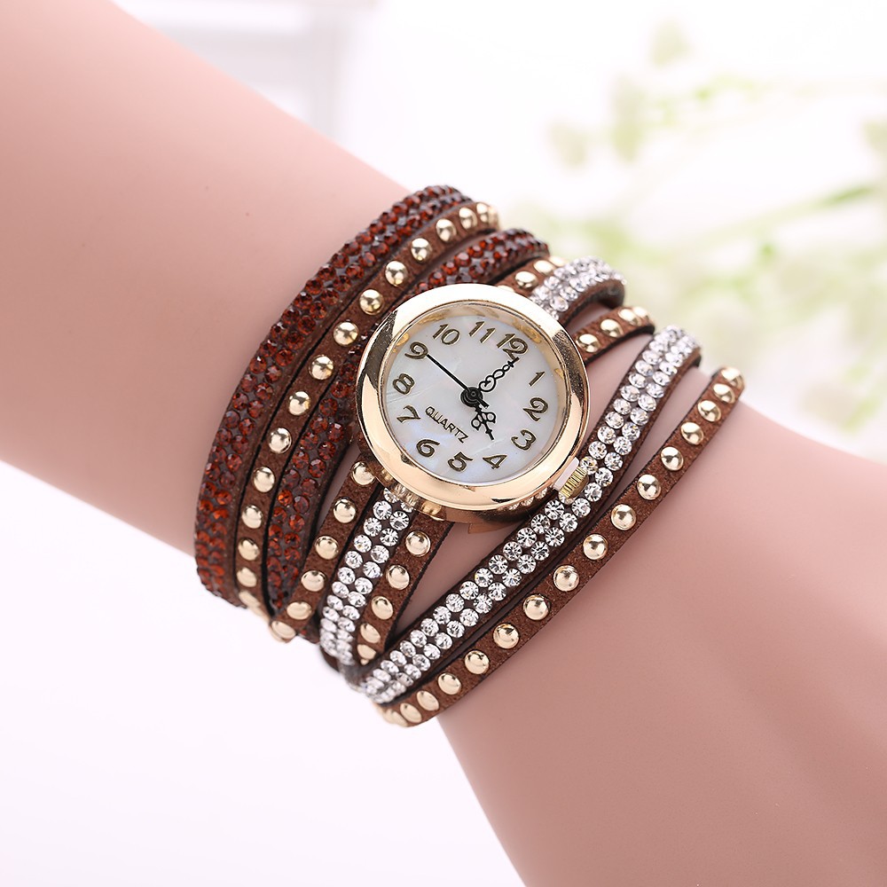Fashion Rivet Crystal Leather Bracelet Women Wrist Watch Valentine Gift, Brown