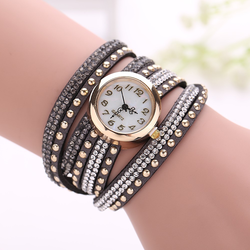 Fashion Rivet Crystal Leather Bracelet Women Wrist Watch Valentine Gift, Dark Grey