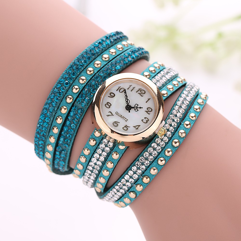 Fashion Rivet Crystal Leather Bracelet Women Wrist Watch Valentine Gift, Teal
