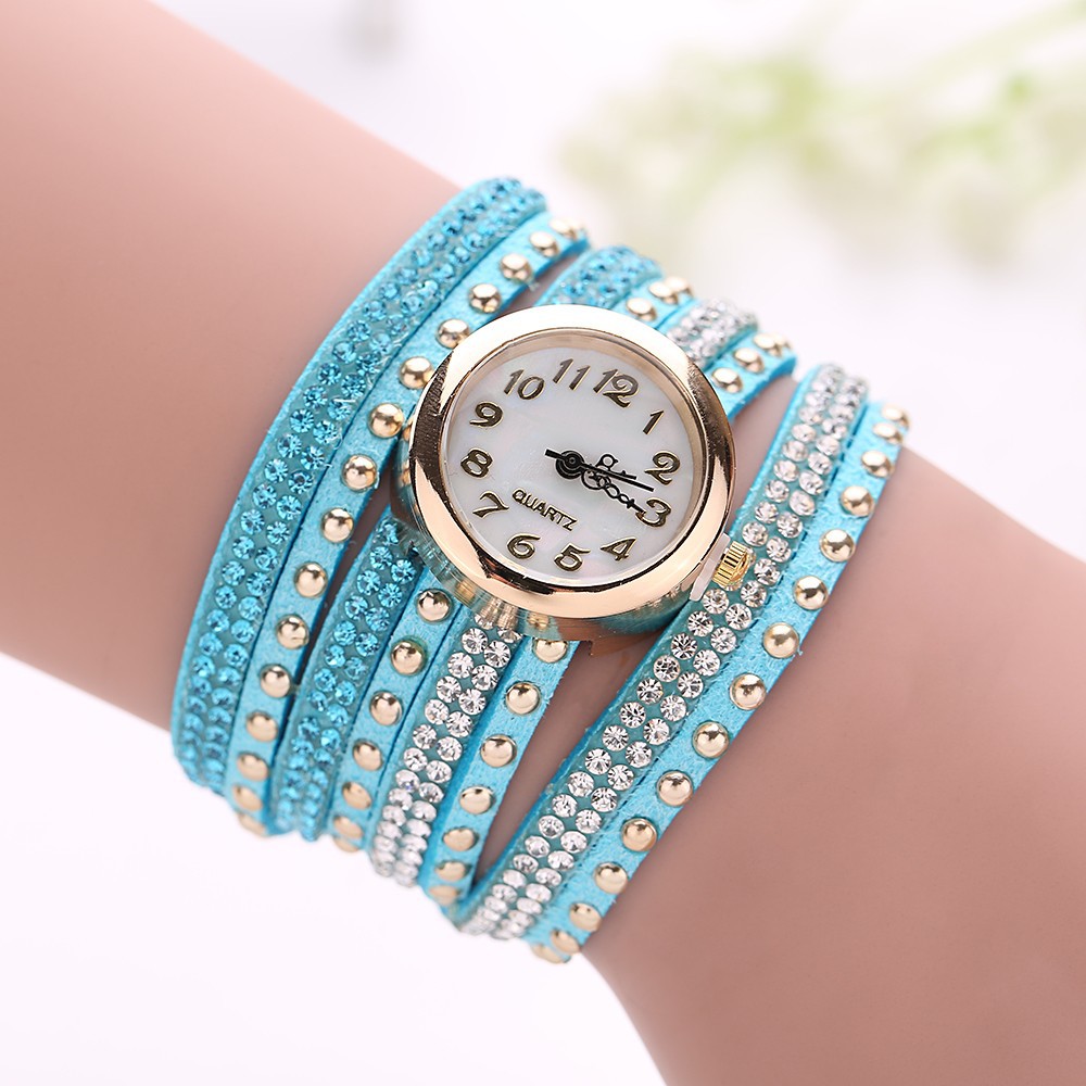Fashion Rivet Crystal Leather Bracelet Women Wrist Watch Valentine Gift, Turquoise