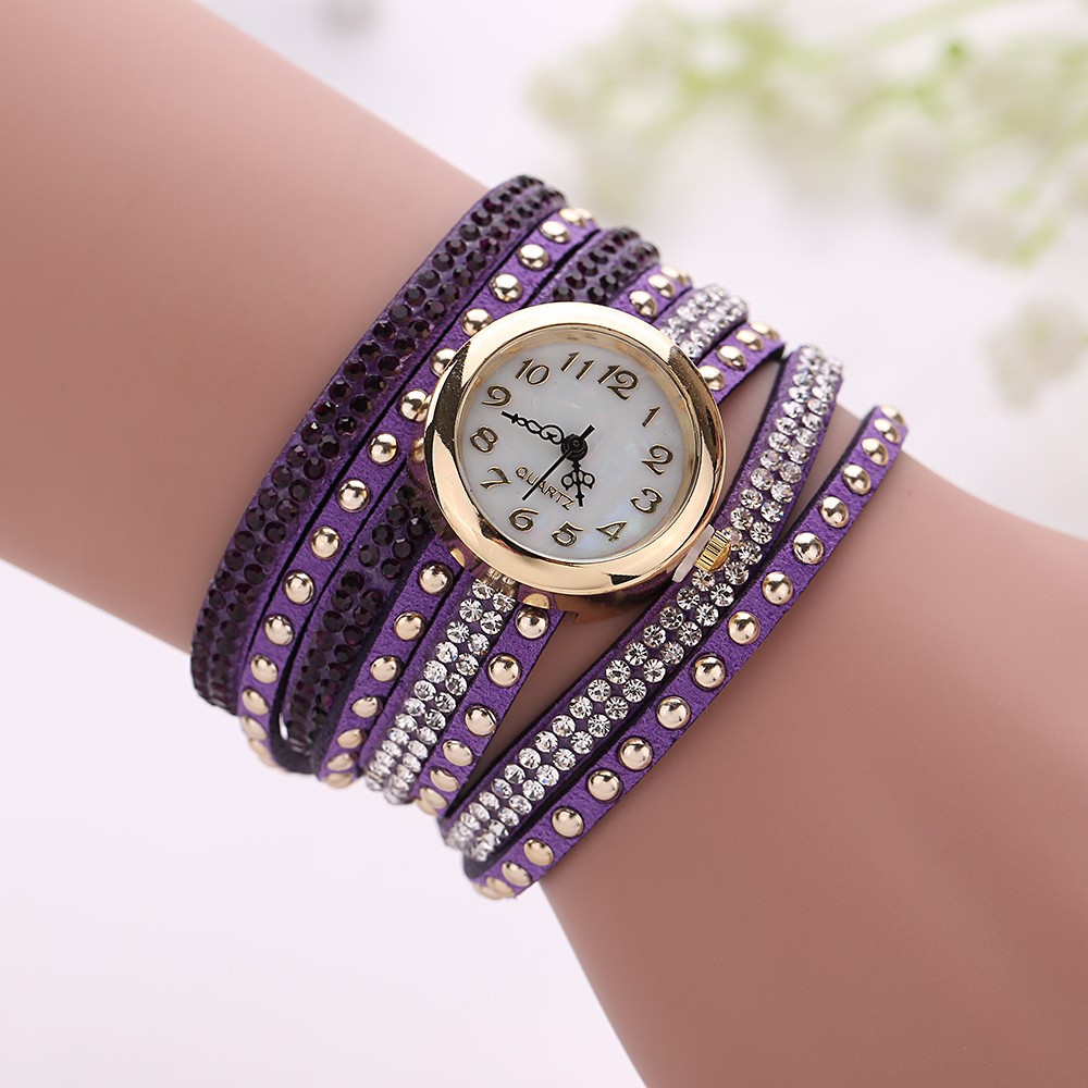 Fashion Rivet Crystal Leather Bracelet Women Wrist Watch Valentine Gift, Purple