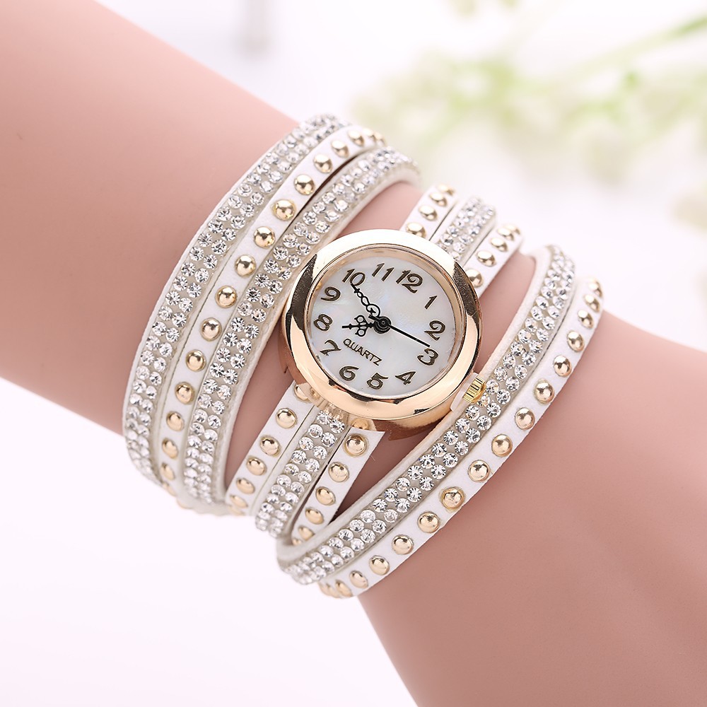 Fashion Rivet Crystal Leather Bracelet Women Wrist Watch Valentine Gift, White