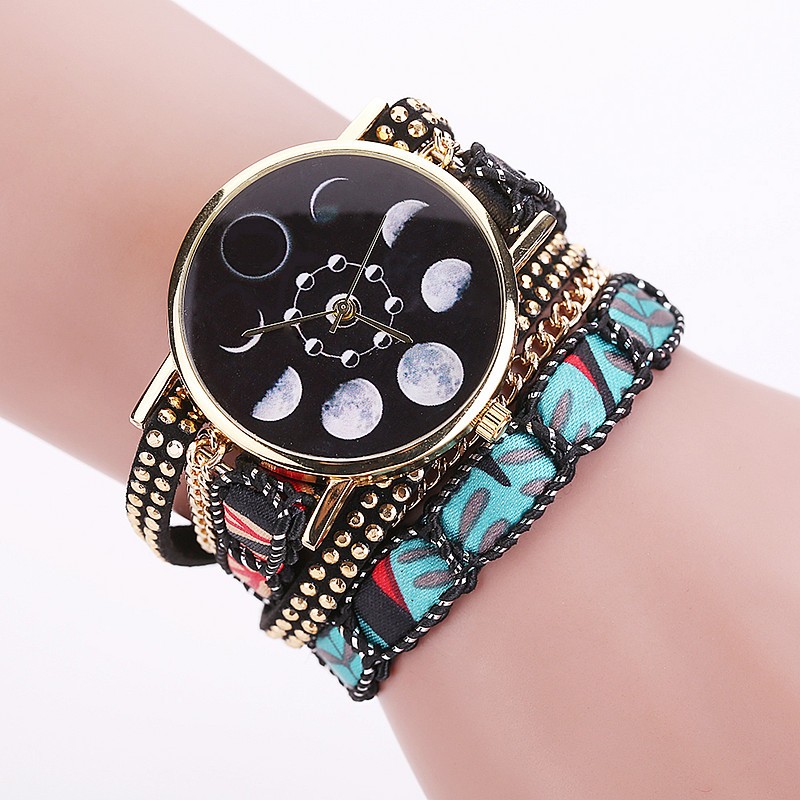 Fashion Casual Relogio Feminino Moon Phase Astronomy Space Fabric Strap Women Quartz Wrist Watch Gift Black