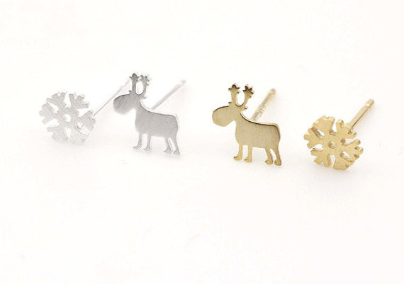Reindeer And Snowflake Earrings, Deer Stud Earrings, Choose Your Color