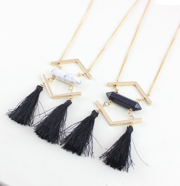 Natural White Turquoise Pendant Necklace Black Rope Tassel Necklace For Women