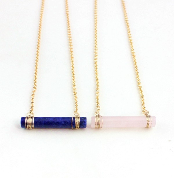 Cylindrical Natural Stone Necklace, Handmade Wire, Rose Quartz Crystal, Lapis Lazuli Crystal, Rose, Blue
