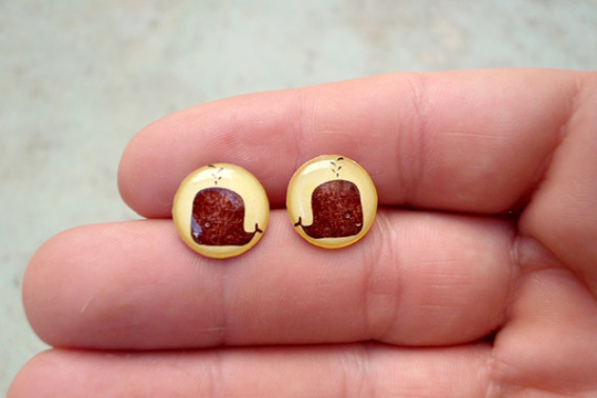 Whale Earrings,whale Studs, Animal, Brown And Yellow, Nature, Studs, Stud Earrings, Post Earrings, Glass Dome Earrings,ocean Jewelry, Brown