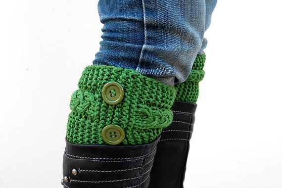Knit Green Boot Toppers, Knit Green Boot Cuffs,with Green Button, Accessories